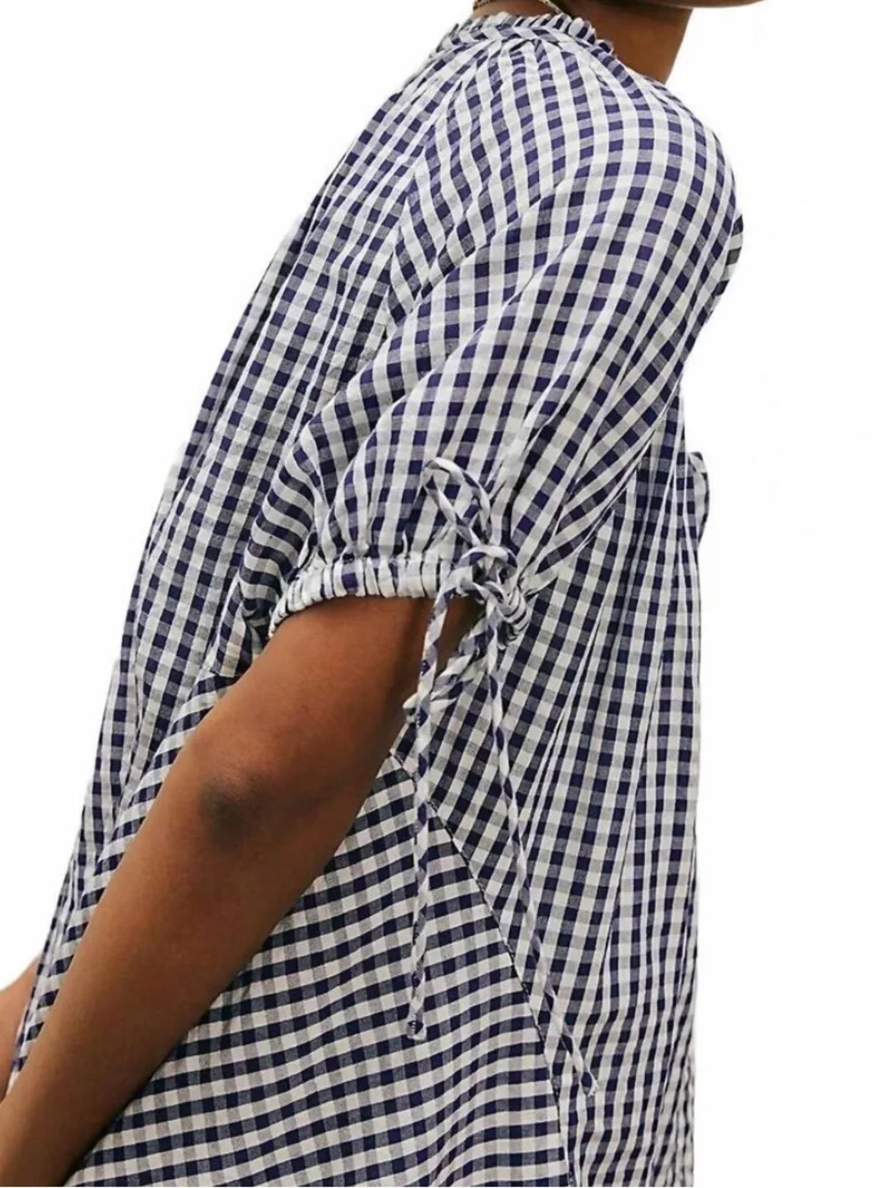 Free People Size XL Navy & White Gingham Tie-Sleeve Peasant Blouse NWT